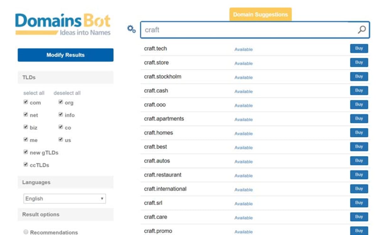 Domains Bot Example Search for 'Craft'.