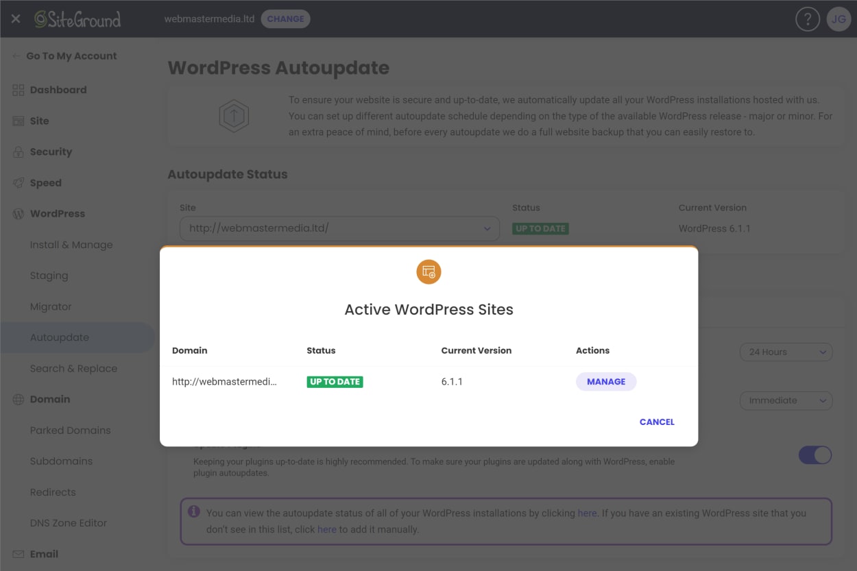 SiteGround Site Tools: WordPress Autoupdate status
