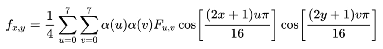 Two-dimensional Inverse DCT (2D type-III DCT) formula.