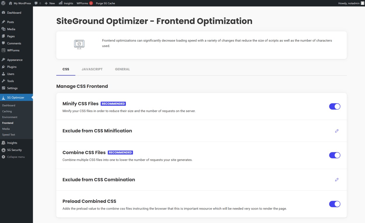 SiteGround SG Optimizer: Frontend Optimization