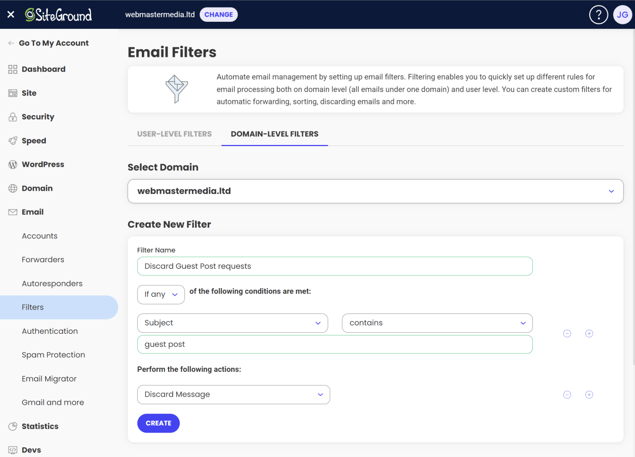 SiteGround Site Tools: Create email forwarder