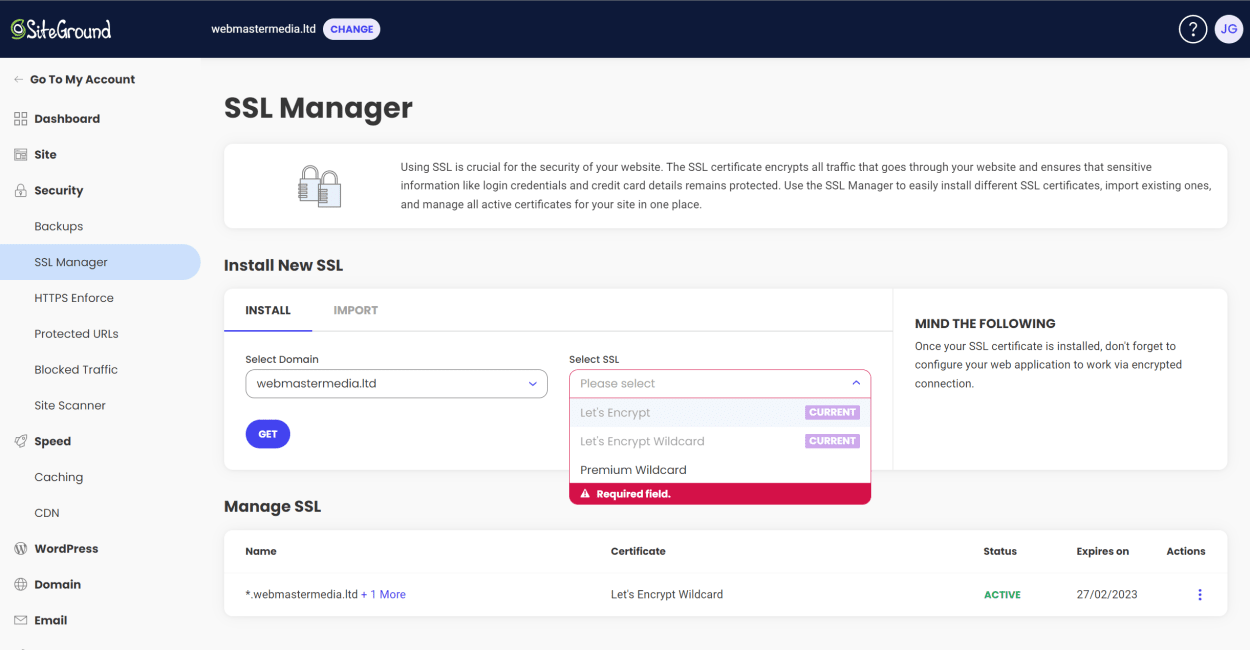 SiteGround Site Tools SSL manager: Install New & Manage