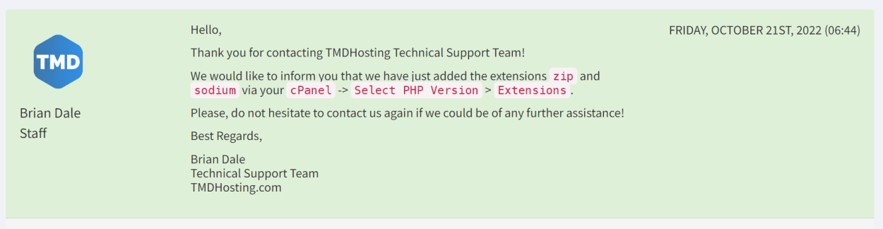 TMD Hosting Support Ticket Response